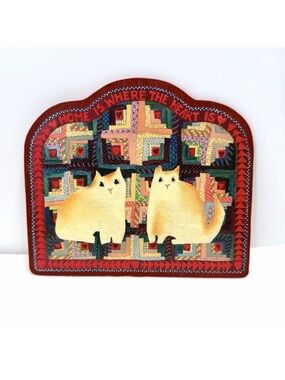Vintage Handmade Country Cats Wooden Folk Art Plaque Home Is Where The Heart Is